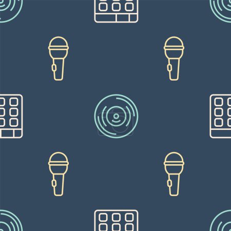 Illustration for Set line Drum machine music, Microphone and Vinyl disk on seamless pattern. Vector - Royalty Free Image