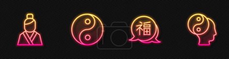 Ilustración de Establecer línea Año Nuevo Chino, Mujer asiática, Yin Yang símbolo y. Icono de neón brillante. Vector - Imagen libre de derechos