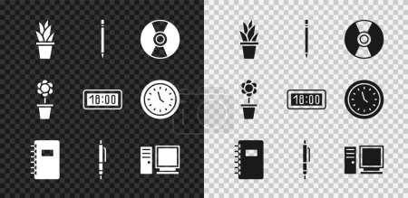 Set Plant in pot, Pencil with eraser, CD or DVD disk, Spiral notebook, Computer monitor, Flower and Digital alarm clock icon. Vector