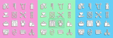 Set line Scissors, Burning candle, Bottle of shampoo, Towel on hanger, Leaf document, Heart hand, Music player and Cotton swab for ears icon. Vector