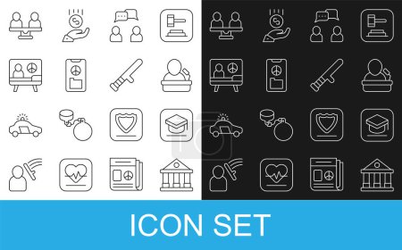 Set line Courthouse building, Graduation cap, Speaker, Speech bubble chat, Peace, Gender equality and Police rubber baton icon. Vector
