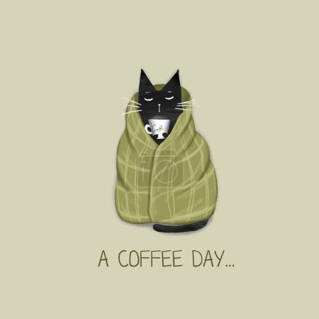 Cartoon funny black cat and the inscription "A coffee day". Digital hand drawn illustration