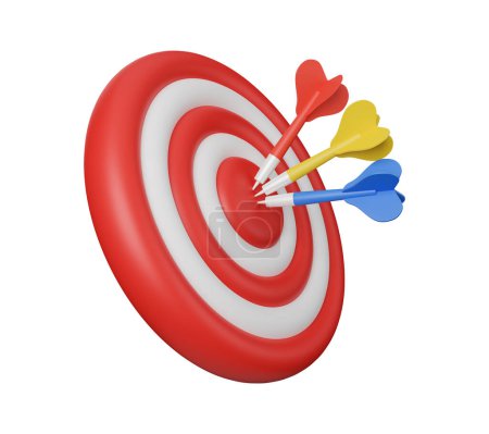 Three darts hitting red target on center, banner business icon, 3D rendering illustration.