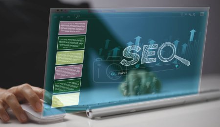 Photo for SEO Search Engine Optimization, Idea of boosting traffic rankings on websites. Optimize your website to rank in search engines. - Royalty Free Image