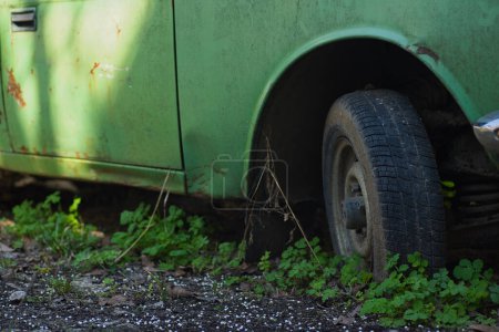 old green car, wheels partially covered with weeds and earth, abandoned vehicle