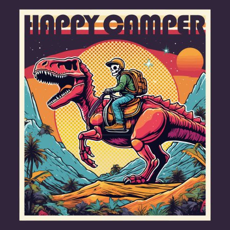 Ilustración de Camper feliz (tipo montando un dinosaurio) camiseta diseño gráfico ilustración ilustración - Imagen libre de derechos