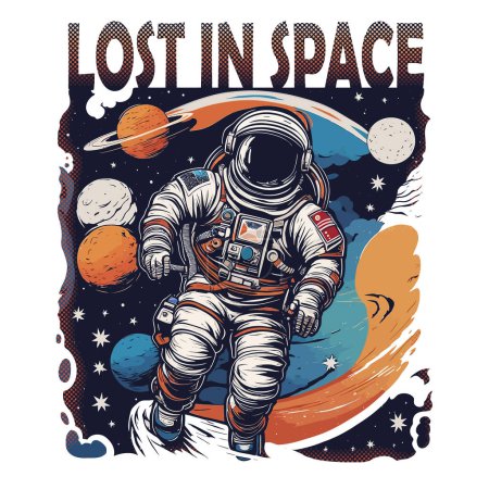 Photo for Cartoon astronaut lost in space graphic design, illustration artwork for direct to garment printing and print on demand. Such as t shirts, stickers, art prints, wall arts etc. - Royalty Free Image