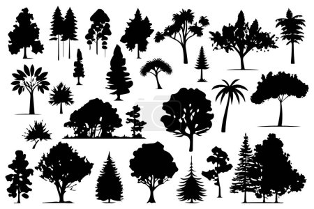 Téléchargez les illustrations : Arbres et silhouettes forestières ensemble illustration vectorielle isolée - en licence libre de droit