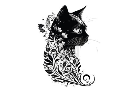 Téléchargez les illustrations : Tatouage chat illustration vectorielle noir et blanc - en licence libre de droit