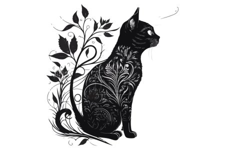 Téléchargez les illustrations : Tatouage chat illustration vectorielle noir et blanc - en licence libre de droit