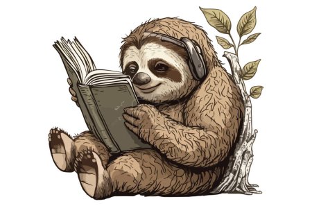Téléchargez les illustrations : Sloth Reading Un livre Illustration vectorielle - en licence libre de droit
