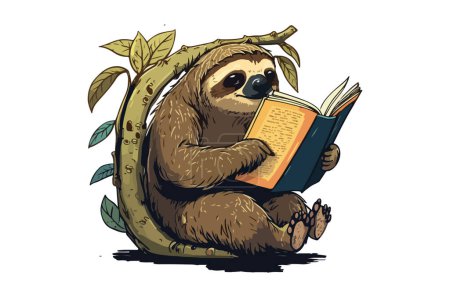 Téléchargez les illustrations : Sloth Reading Un livre Illustration vectorielle - en licence libre de droit