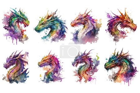Téléchargez les illustrations : Aquarelle dragon vecteur illustration - en licence libre de droit