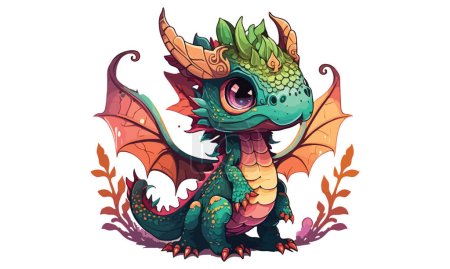Téléchargez les illustrations : Illustration vectorielle de dragon de bande dessinée de bébé Kawaii - en licence libre de droit