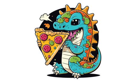 Téléchargez les illustrations : Illustration vectorielle de la consommation d'une pizza par le dragon - en licence libre de droit
