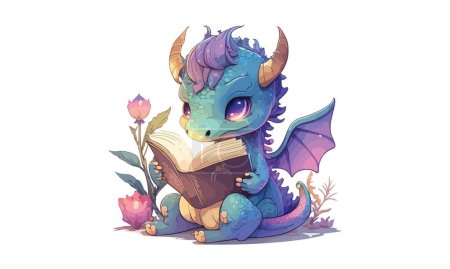 Téléchargez les illustrations : Dragon lisant un livre Illustration vectorielle - en licence libre de droit