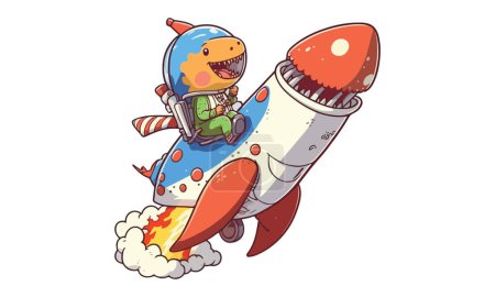 Téléchargez les illustrations : Dinosaure chevauchant une illustration vectorielle de fusée - en licence libre de droit