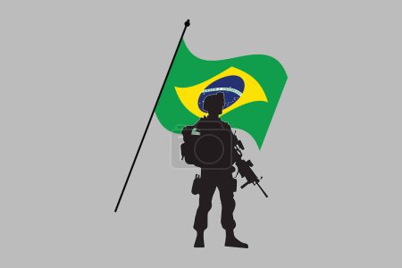 Ilustración de Soldado de Brasil con bandera, Bandera de Brasil sobre fondo verde vector ilustración, vector de bandera brasileña, gráfico de bandera nacional brasileña - Imagen libre de derechos