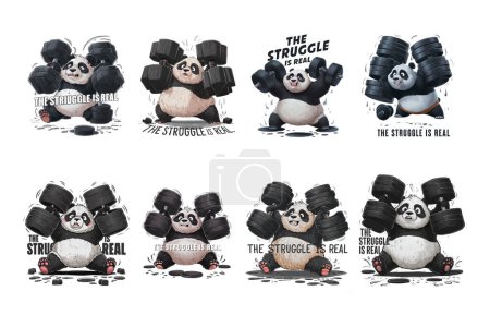 Illustration for The struggle is real panda T-Shirt designs set - Royalty Free Image