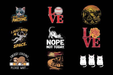 Colección de diseños de camisetas, conjunto de camisetas, gráficos de camisetas, paquete de camisetas, abstracto, vintage, diseños de camisetas para gatos