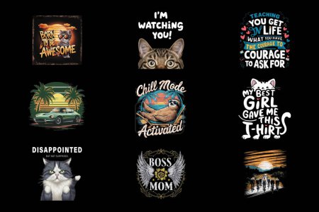 Colección de diseños de camisetas, conjunto de camisetas, gráficos de camisetas, paquete de camisetas, abstracto, vintage, diseños de camisetas para gatos