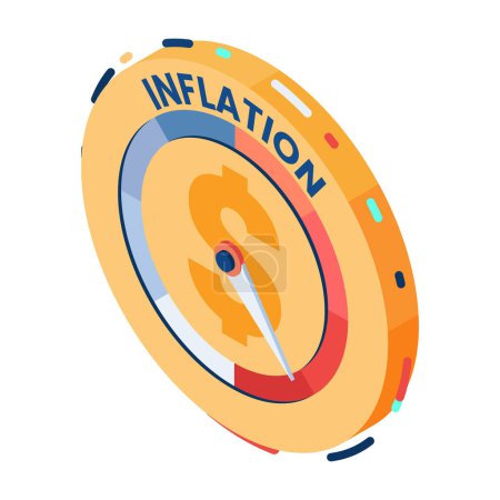 Illustration for Flat 3d Isometric Dollar Coin with High Level Inflation Gauge. Inflation and Financial Crisis Concept. - Royalty Free Image