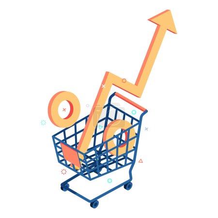 Illustration for Flat 3d Isometric Shopping Cart with Rising Percent Symbol. Food Prices Rising and Economic Recession or Stagnation Concept. - Royalty Free Image