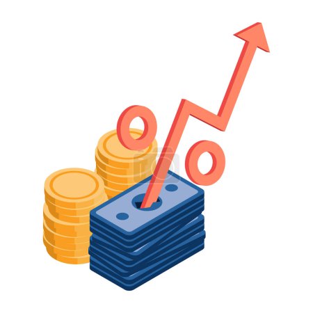 Illustration for Flat 3d Isometric Rising Percent Symbol Out From Stack of Money. Increasing of Interest Rates and Financial Concept. - Royalty Free Image