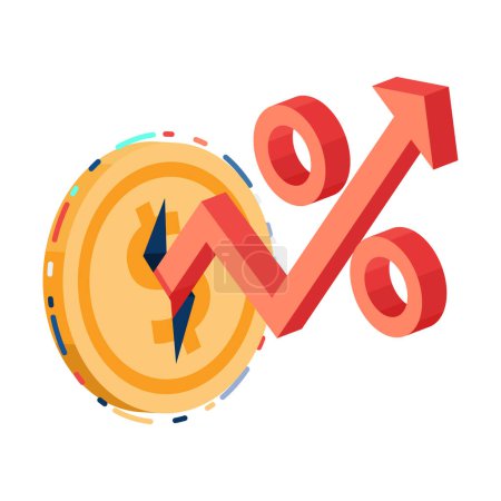 Illustration for Flat 3d Isometric Rising Percent Symbol Out From Dollar Coin. Increasing of Interest Rates and Financial Concept. - Royalty Free Image