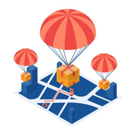 Flat 3d Isometric Parcel with Parachute Drop on City Map. Fast Delivery Service Concept.