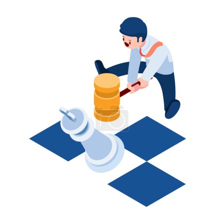 Illustration for Flat 3d Isometric Businessman Smashing King Chess by Hammer. Business Competition and Strategy Concept. - Royalty Free Image