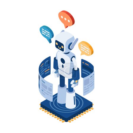 Téléchargez les illustrations : Flat 3d Isometric AI Chatbot ou robot sur puce d'ordinateur. Concept de technologie d'apprentissage automatique et d'intelligence artificielle. - en licence libre de droit