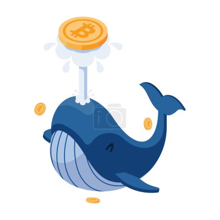 Ilustración de Piso 3d ballena isométrica jugando con Bitcoin. Crypto Whale es un poderoso inversor en el mercado de criptomonedas. - Imagen libre de derechos