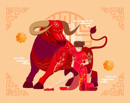 Illustration for Year of The Ox Chinese Zodiac. Happy Lunar or Chinese New Year Background - Royalty Free Image