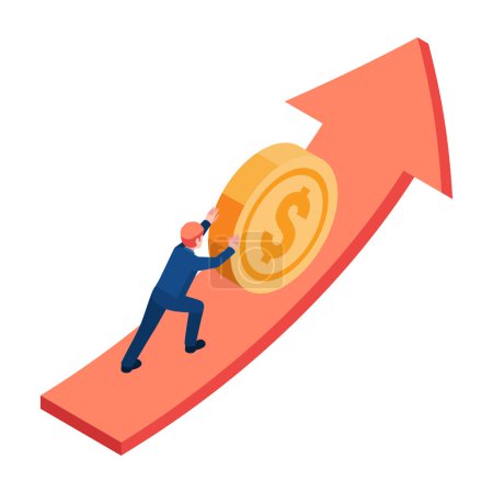 Flat 3d Isometric Businessman Push Coin Up on growth graph. Financial and Long Term Investment Concept.