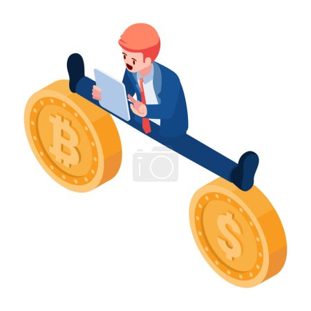 Flat 3d Isometric Businessman spreizte seine Beine zwischen Dollar und Bitcoin. Bitcoin und Finanzinvestitionskonzept.