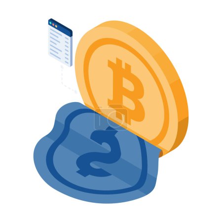Piso 3d dólar isométrico Peeling apagado a Bitcoin. Concepto Bitcoin y Criptomoneda.