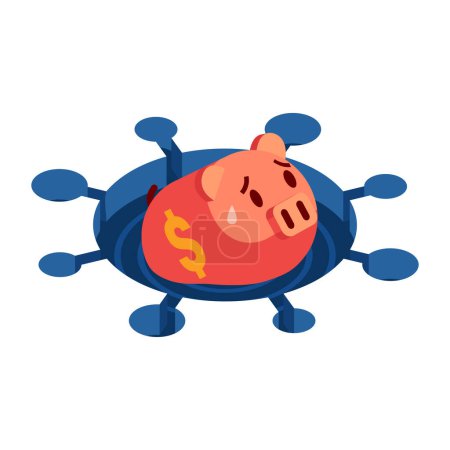 Flat 3d Isometric Piggy Bank ertrank im Covid-19 Virus. Finanzkrise während der Covid-19-Virus-Pandemie