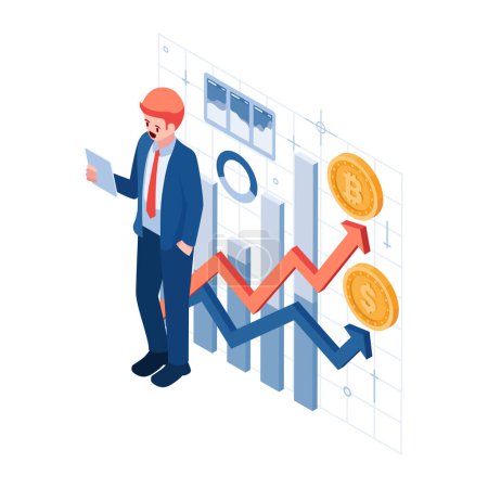 Flat 3d Isometric Businessman Analyzing Cryptocurrency Market Trends. Cryptocurrency and Bitcoin Investment Concept