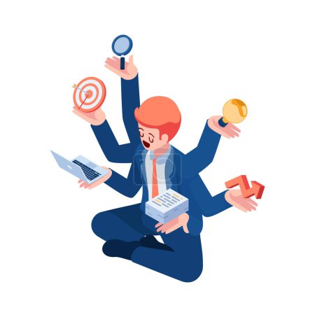 Illustration for Flat 3d Isometric Businessman Doing Many Tasks at The Same Time. Multitasking and Productivity Concept - Royalty Free Image