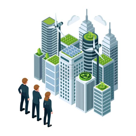 Ilustración de Flat 3d Isomtric Business Team Observación del paisaje urbano sostenible con edificios ecológicos. Concepto de negocio sostenible o desarrollo urbano sostenible. - Imagen libre de derechos