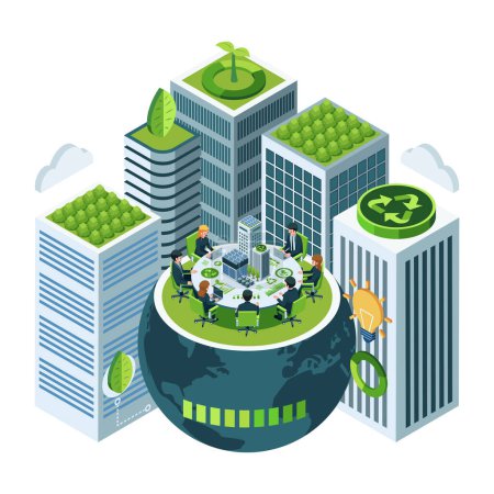 Ilustración de Flat 3D Isométrica Conferencia de Negocios Sostenibles con Tierra y Edificios Ecológicos. Concepto de Negocio Sostenible y Desarrollo Urbano Sostenible. - Imagen libre de derechos