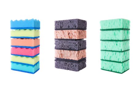 Photo for Collage of different foam sponges for dishes isolated on white background. - Royalty Free Image