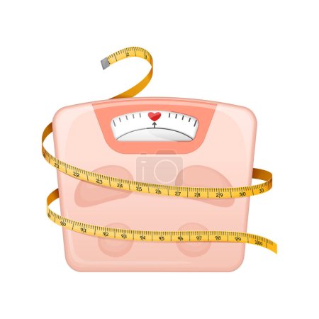 Bathroom scales with a measuring tape are shown with an arrow on the heart. Vector. The concept of a healthy lifestyle and self-love