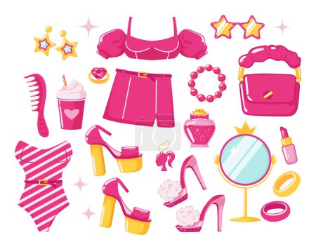 Illustration for Pink basic doll set. Trendy barbiecore style fashionable clothes, doll accessories and clothes. Fashionista elements. Vector cartoon - Royalty Free Image