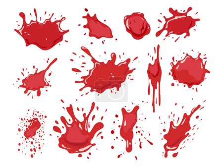 Conjunto de diferentes manchas de sangre salpicadas. Brissy y manchas de elementos sangrientos.