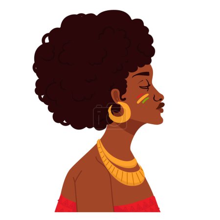 Illustration for African woman with jeri curls and earrings adorns herself with necklace and earrings her afro hair. - Royalty Free Image