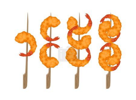 Set of shrimp tempura, yakitori with different quantities, shrimp in batter for Asian fast food and takeaway restaurants