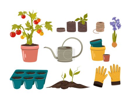 Illustration for Garden set for growing and working in the garden. Climbing tomatoes in a pot, vector on white background - Royalty Free Image