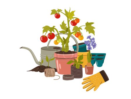 Illustration for Garden composition for growing and working in the garden. Climbing tomatoes in a pot, vector on white background - Royalty Free Image